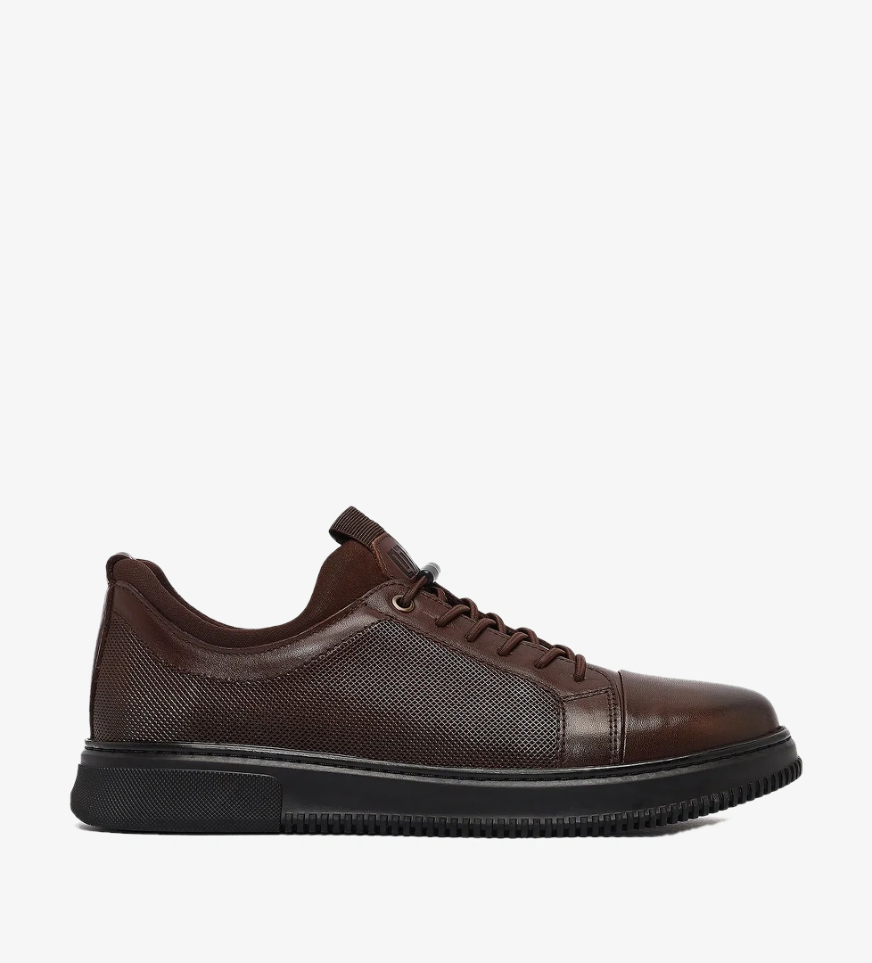 Erkek Kahverengi Bağcıklı Deri Sneaker