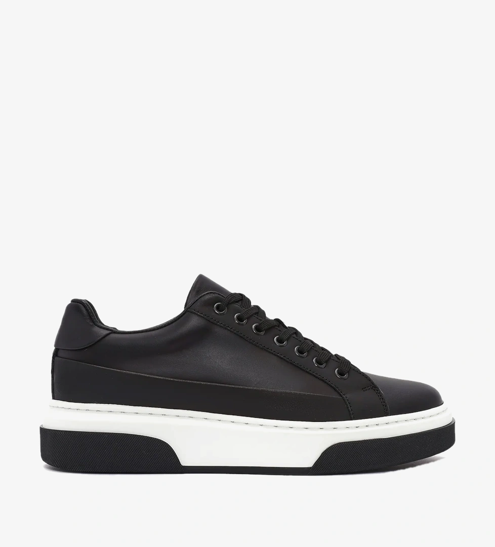 Erkek Siyah Bağcıklı Kalın Tabanlı Deri Sneaker