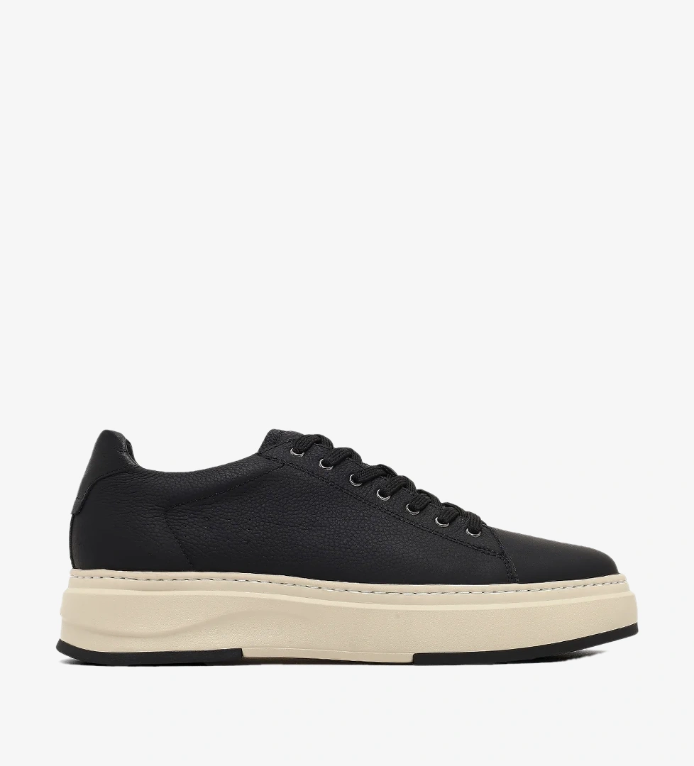 Erkek Siyah Bağcıklı Kalın Tabanlı Deri Sneaker