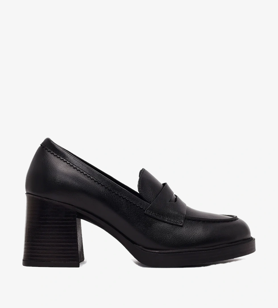 Kadın Siyah Kalın Topuklu Deri Maskülen Loafer