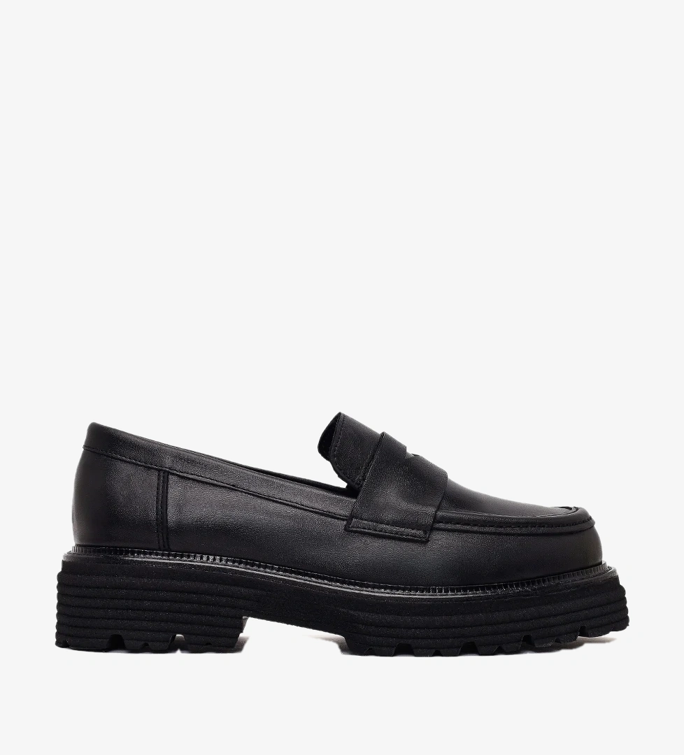 Kadın Siyah Kalın Tabanlı Deri Maskülen Loafer