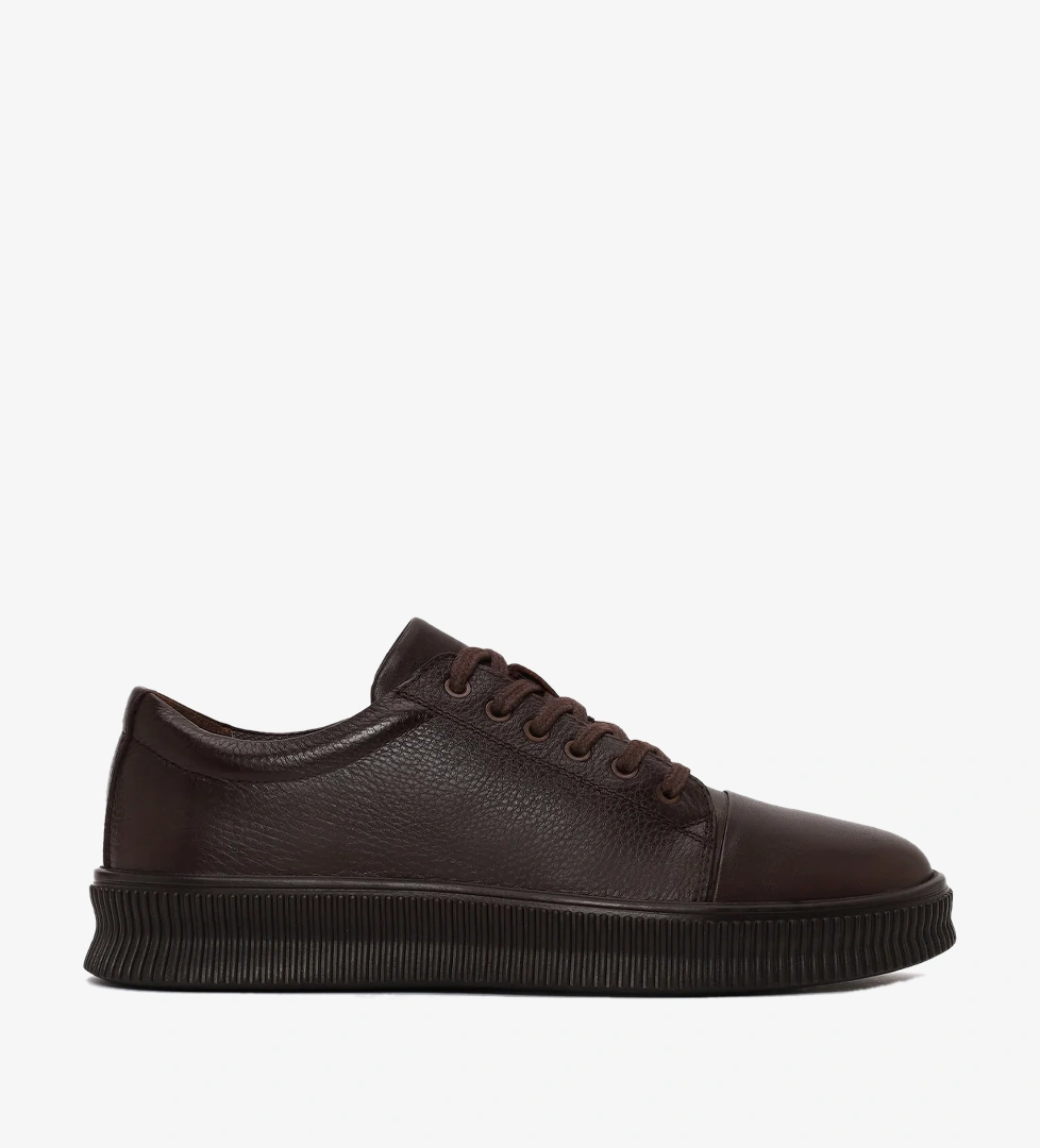 Erkek Kahverengi Bağcıklı Deri Sneaker