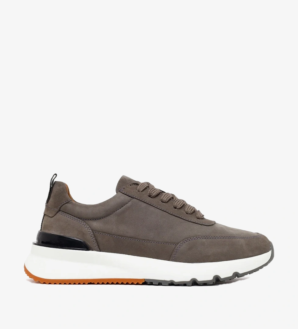Erkek Gri Bağcıklı Kalın Tabanlı Nubuk Deri Casual Sneaker