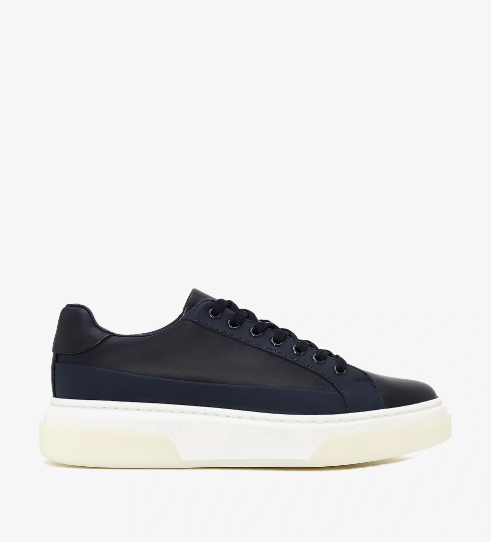 Erkek Lacivert Bağcıklı Kalın Tabanlı Deri Sneaker