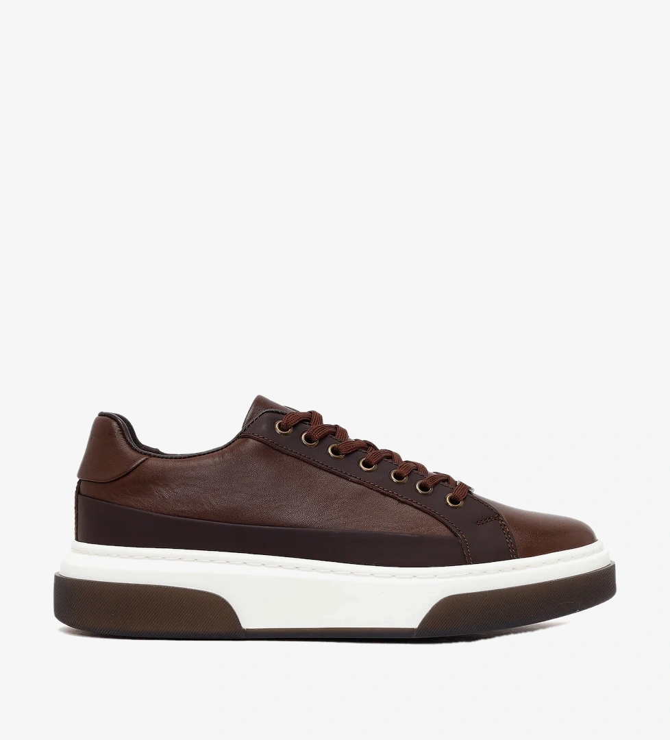 Erkek Kahverengi Bağcıklı Kalın Tabanlı Deri Sneaker