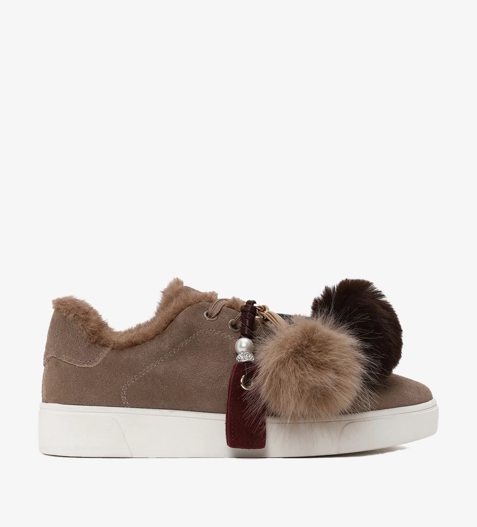 Kadın Vizon Bağcıklı Charmlı Süet Deri Teddy Sneaker