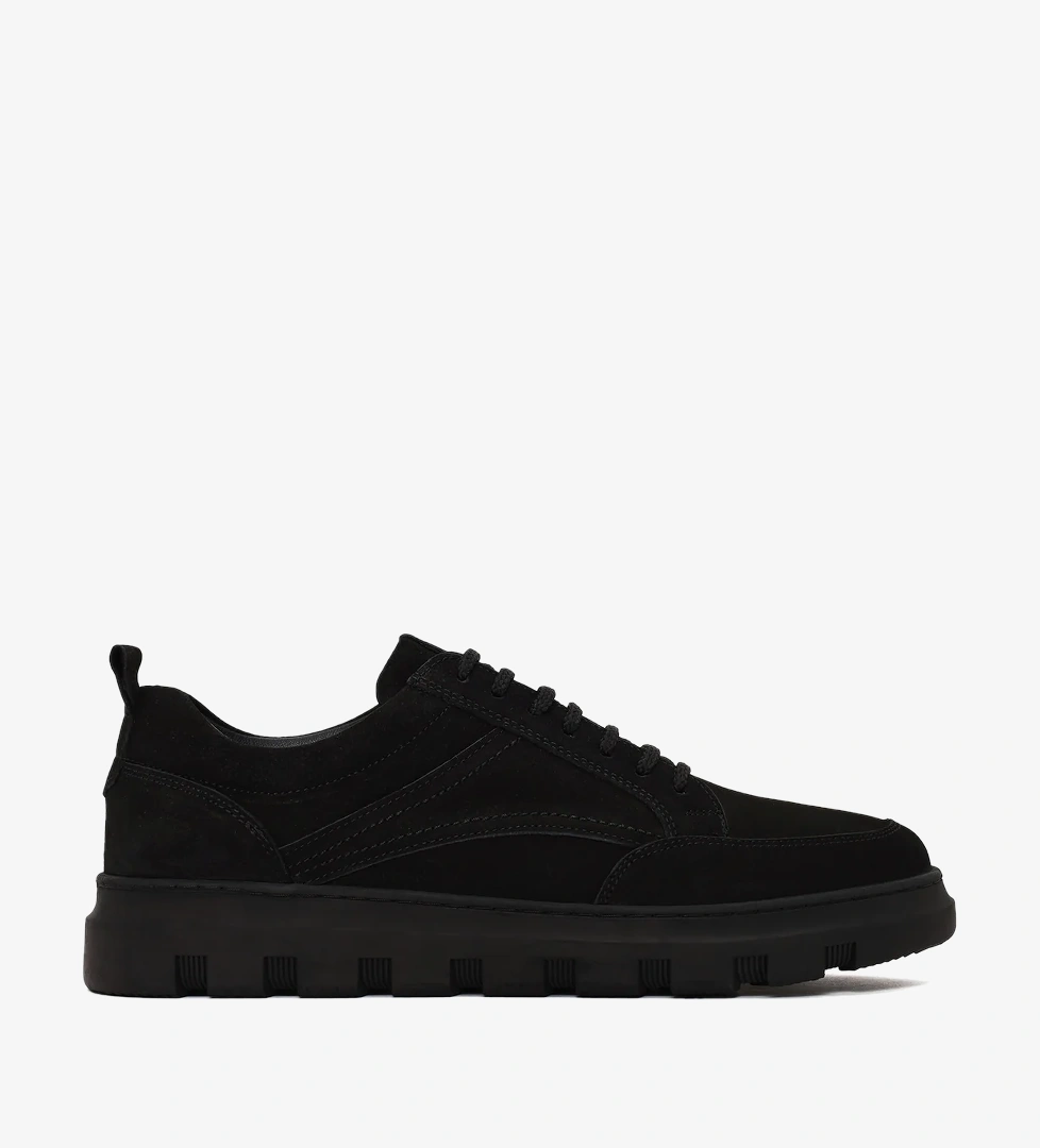 Erkek Siyah Bağcıklı Nubuk Deri Casual Sneaker