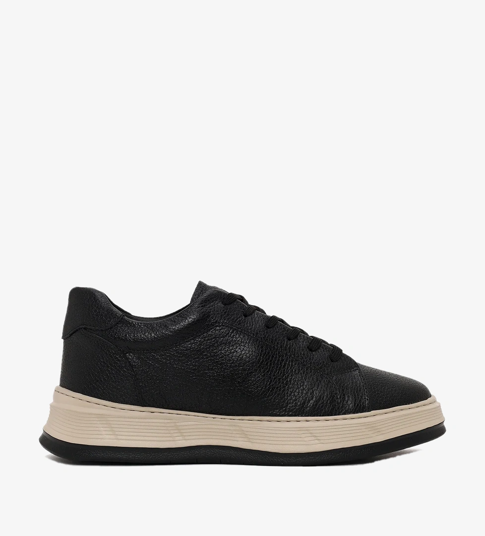 Erkek Siyah Bağcıklı Kalın Tabanlı Deri Sneaker