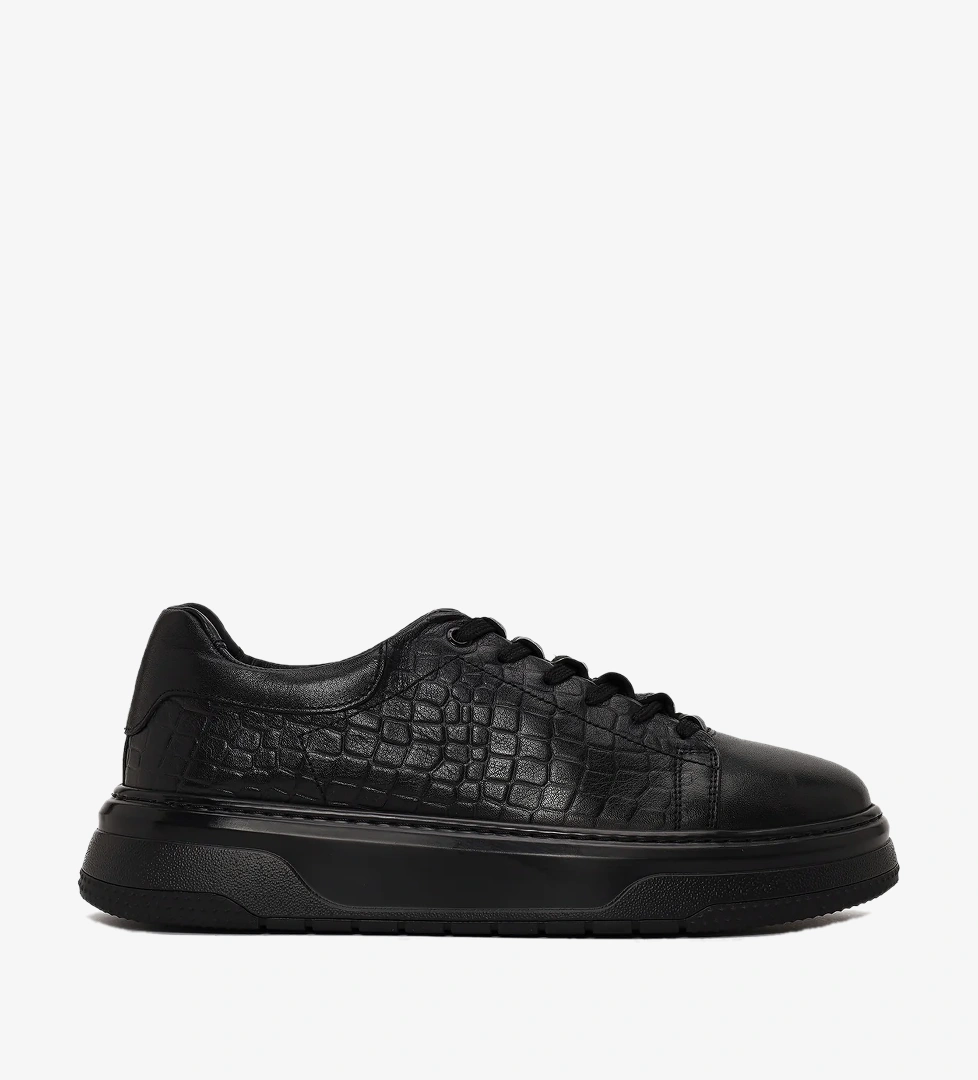 Erkek Siyah Bağcıklı Kalın Tabanlı Kroko Desenli Deri Sneaker