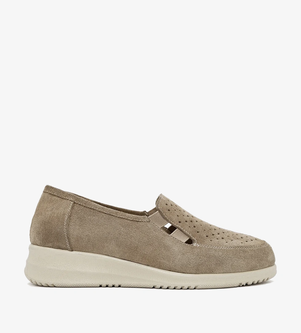 Kadın Bej Dolgu Topuklu Süet Deri Comfort Loafer