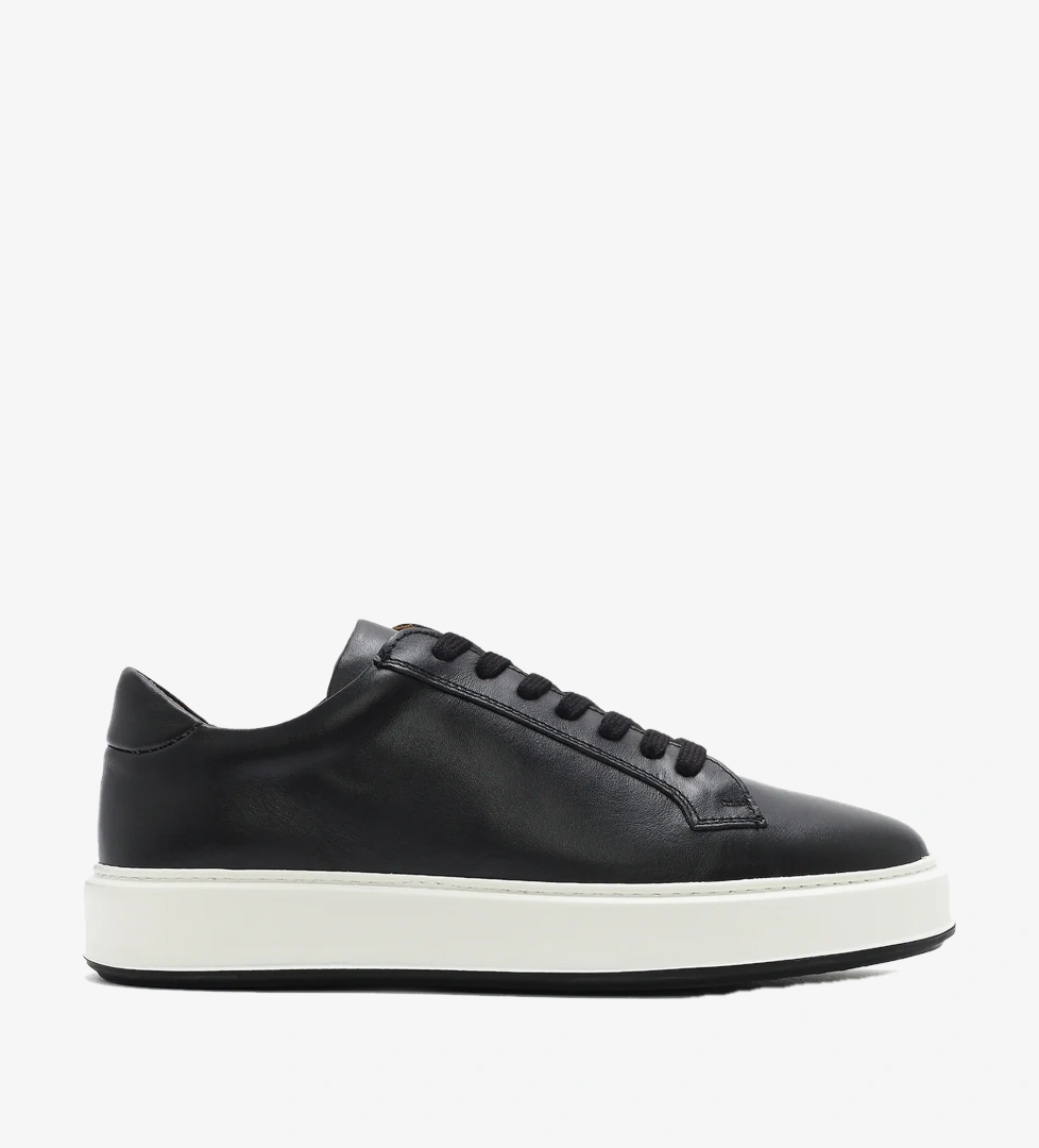 Erkek Siyah Kalın Tabanlı Bağcıklı Deri Sneaker