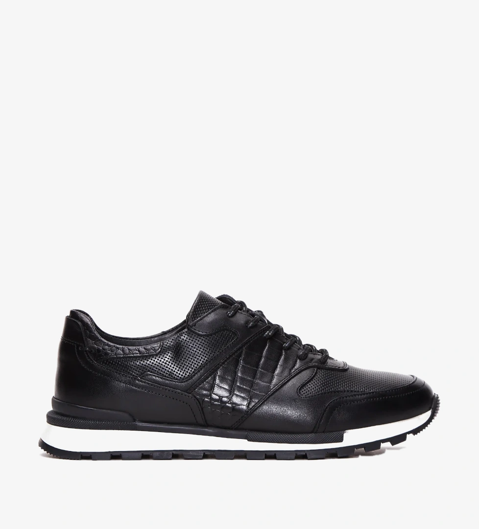 Erkek Siyah Bağcıklı Deri Casual Sneaker