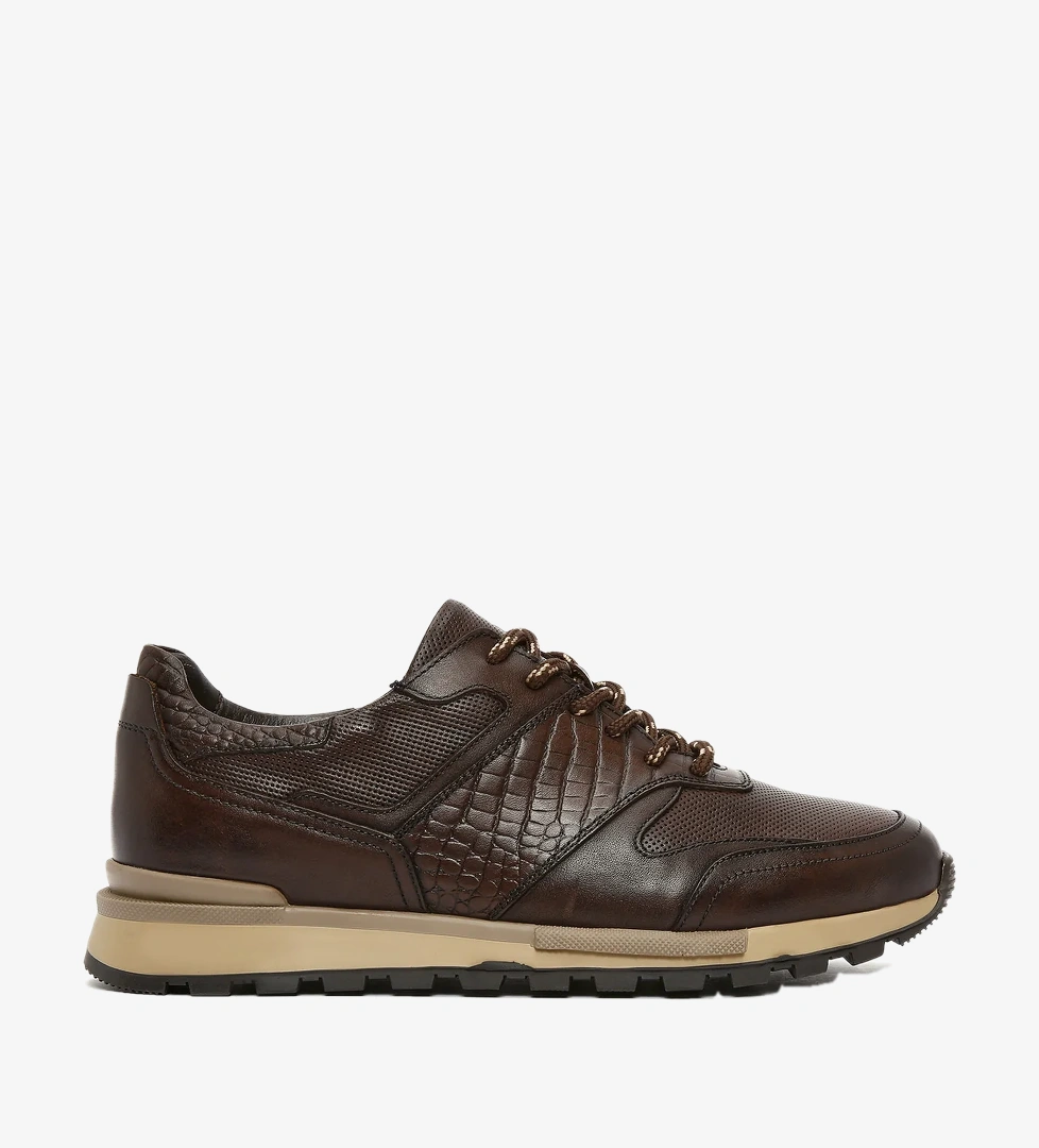Erkek Kahverengi Bağcıklı Deri Casual Sneaker