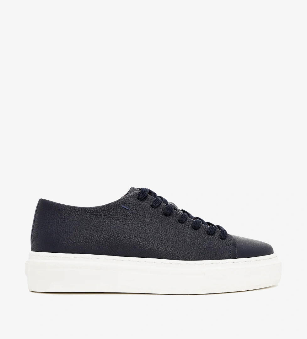 Erkek Lacivert Bağcıklı Kalın Tabanlı Deri Sneaker