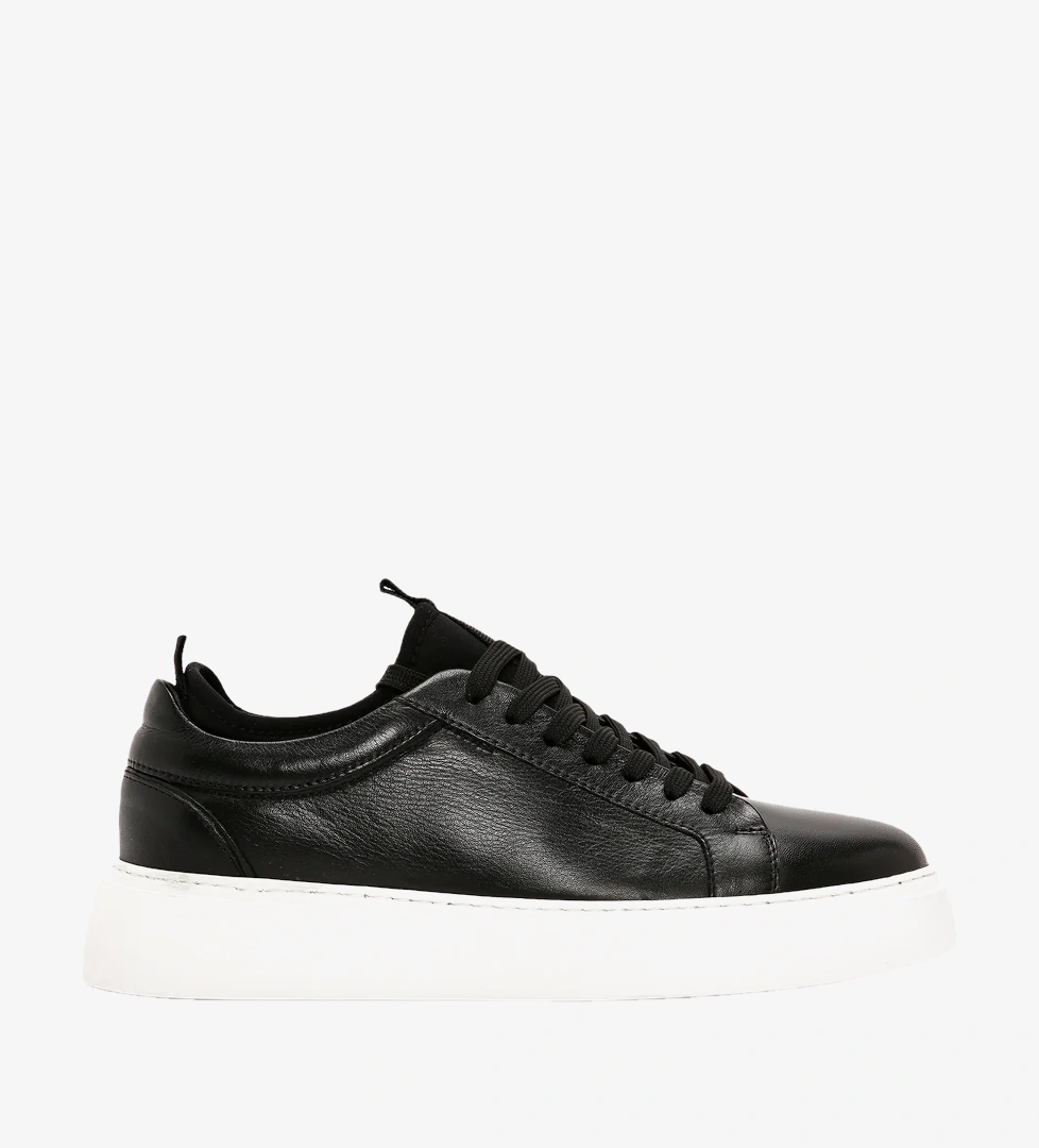 Erkek Siyah Bağcıklı Deri Sneaker