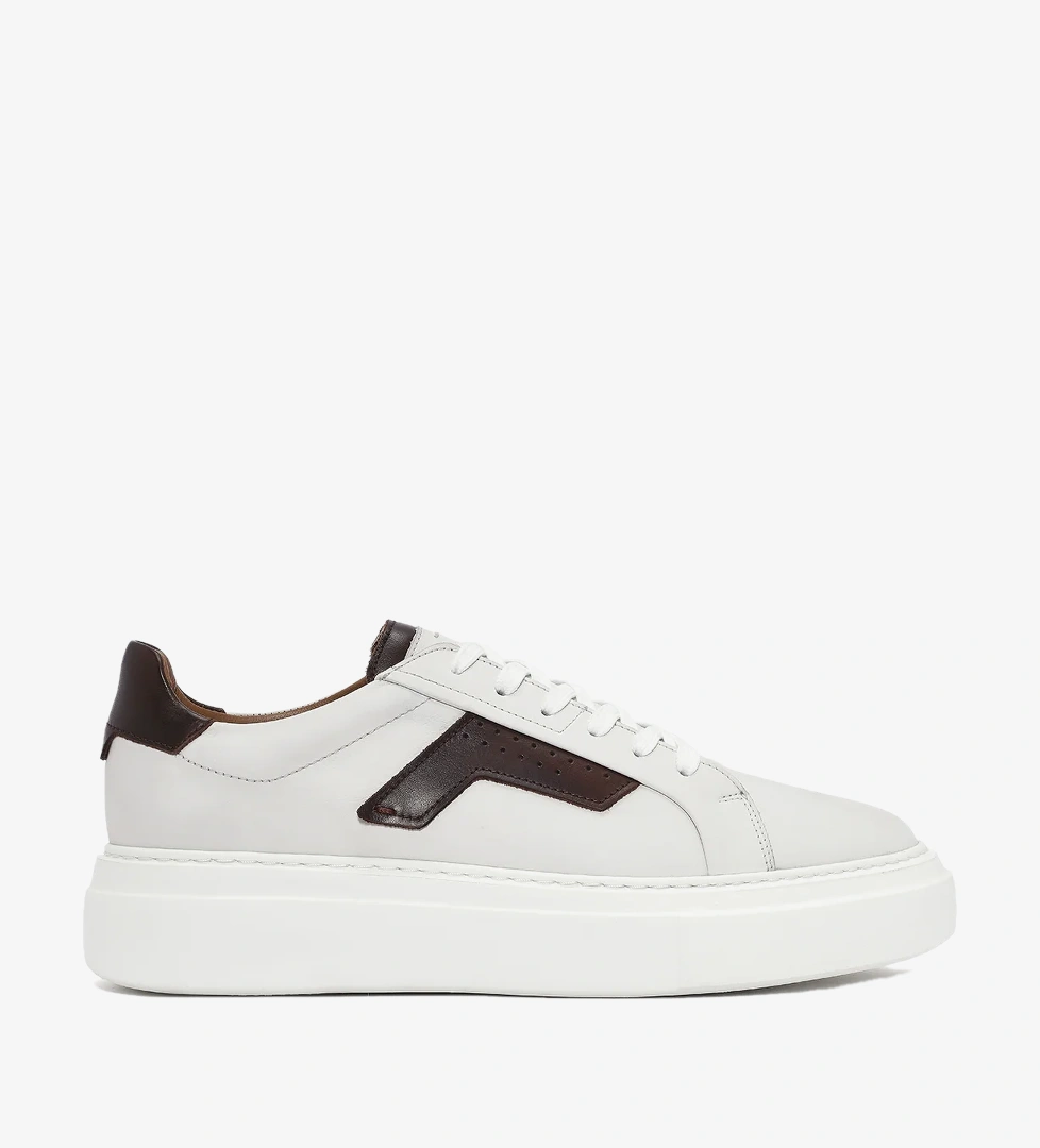 Erkek Beyaz Bağcıklı Kalın Tabanlı Deri Sneaker