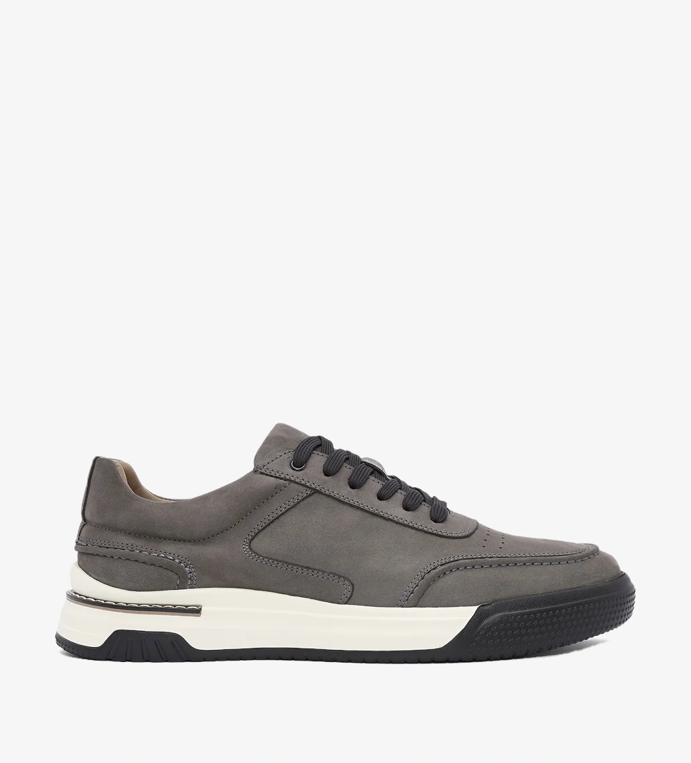 Erkek Gri Bağcıklı Kalın Tabanlı Nubuk Deri Sneaker