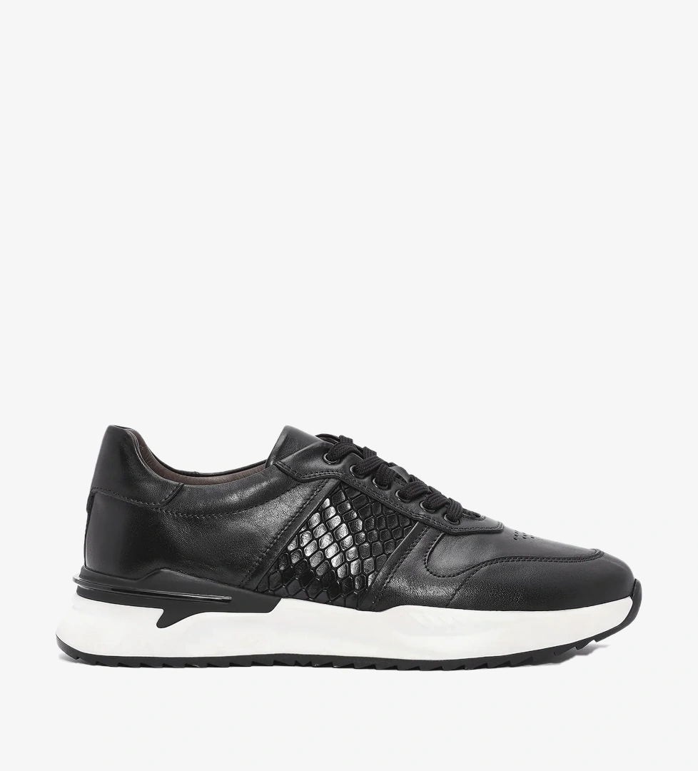 Erkek Siyah Bağcıklı Deri Casual Sneaker
