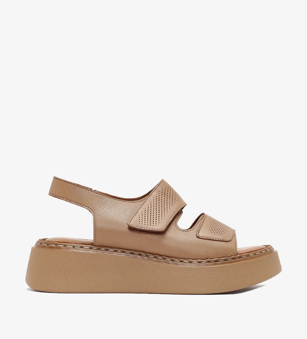 Kadın Camel Bantlı Kalın Tabanlı Deri Comfort Sandalet