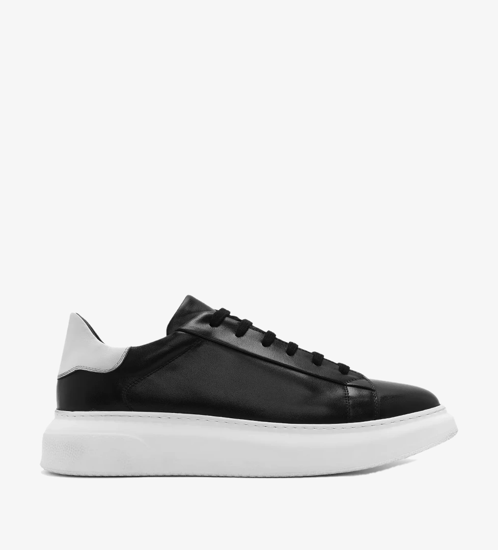 Erkek Siyah Bağcıklı Kalın Tabanlı Deri Sneaker