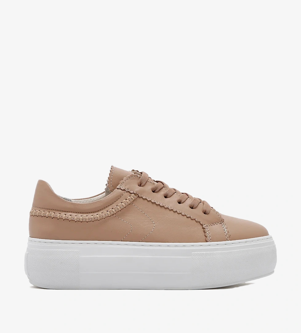 Kadın Bej Bağcıklı Kalın Tabanlı Deri Sneaker