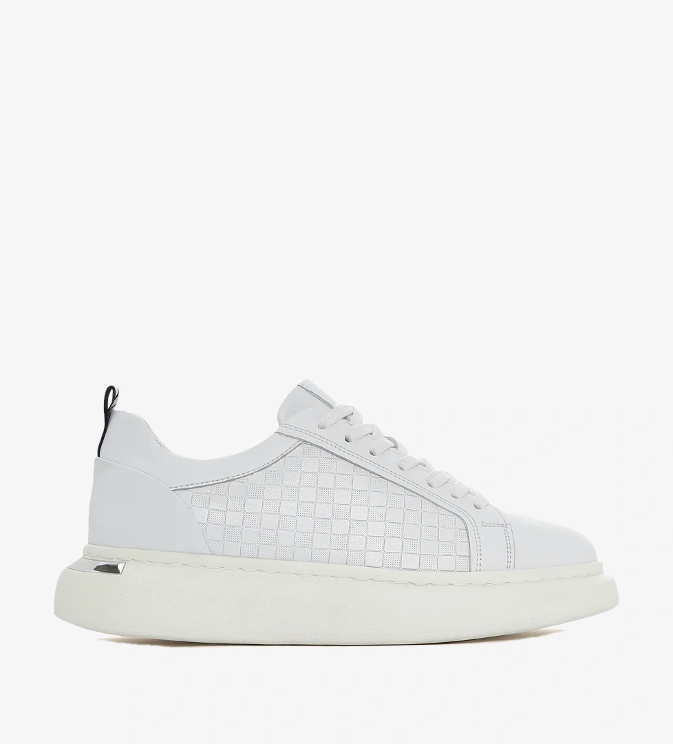 Erkek Beyaz Bağcıklı Kalın Tabanlı Deri Sneaker