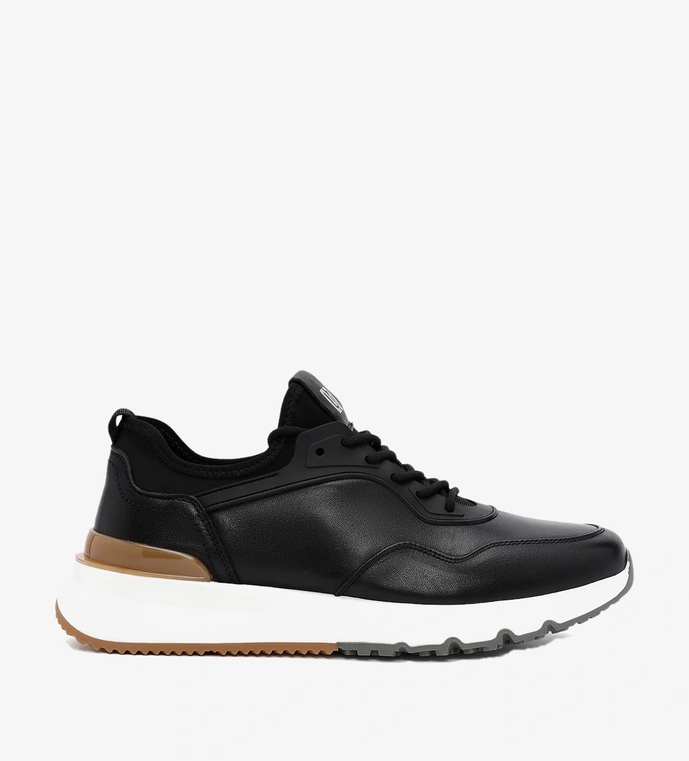 Erkek Siyah Bağcıklı Kalın Tabanlı Deri Casual Sneaker