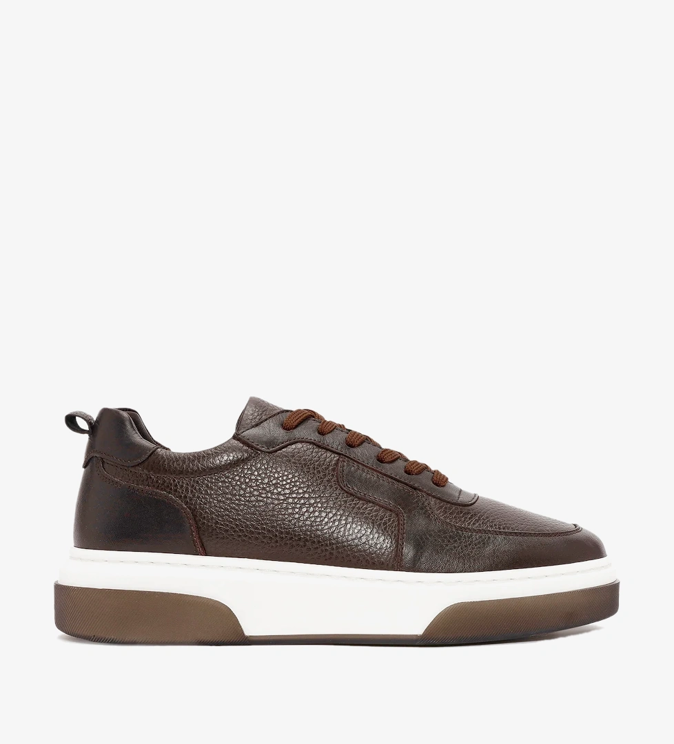 Erkek Kahverengi Bağcıklı Kalın Tabanlı Deri Sneaker
