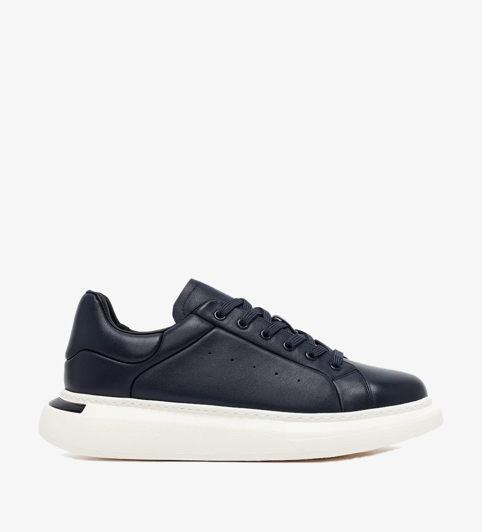 Erkek Lacivert Bağcıklı Kalın Tabanlı Deri Sneaker