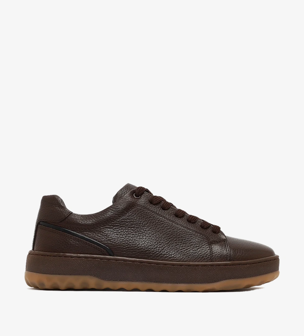 Erkek Kahverengi Bağcıklı Kalın Tabanlı Deri Sneaker