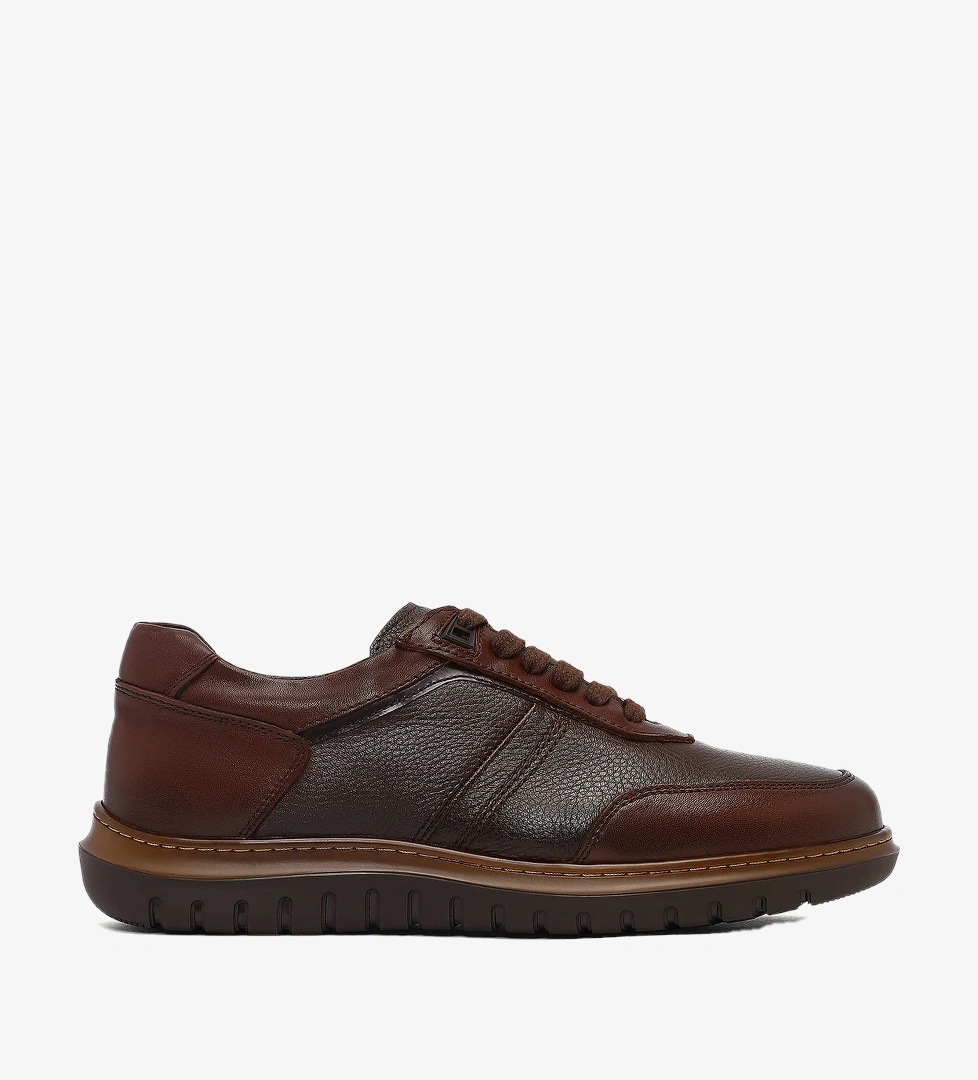 Erkek Kahverengi Bağcıklı Deri Sneaker