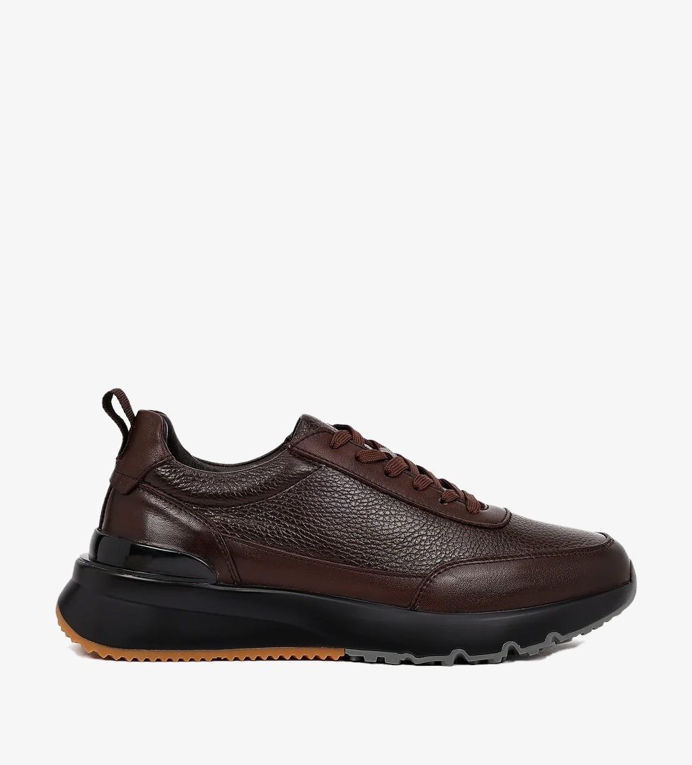Erkek Kahverengi Bağcıklı Kalın Tabanlı Deri Sneaker