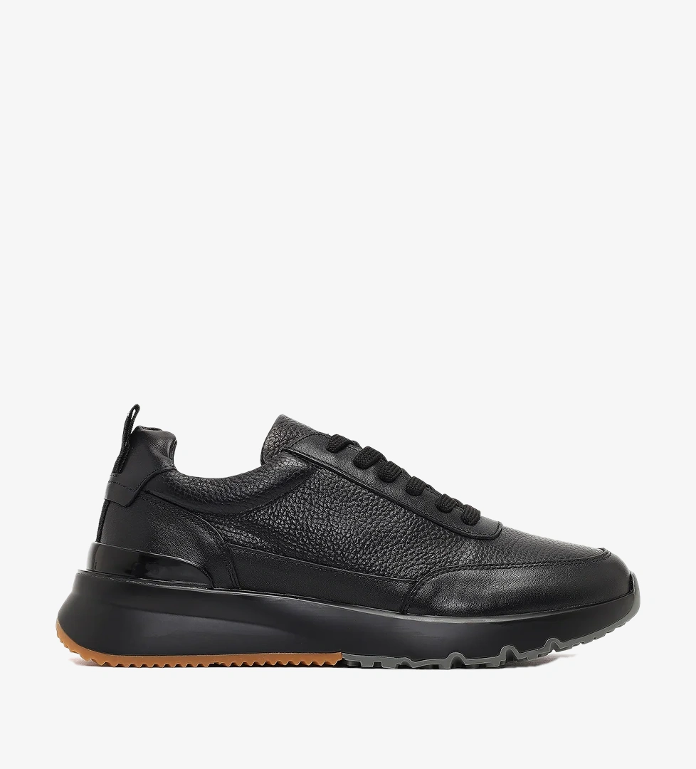 Erkek Siyah Bağcıklı Kalın Tabanlı Deri Sneaker