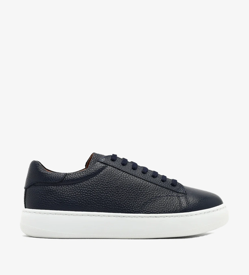 Erkek Lacivert Bağcıklı Kalın Tabanlı Deri Sneaker