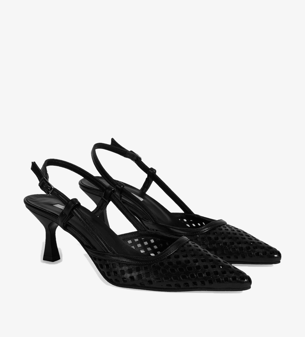 Siyah Kadın Perforeli Slingback Deri Topuklu Ayakkabı