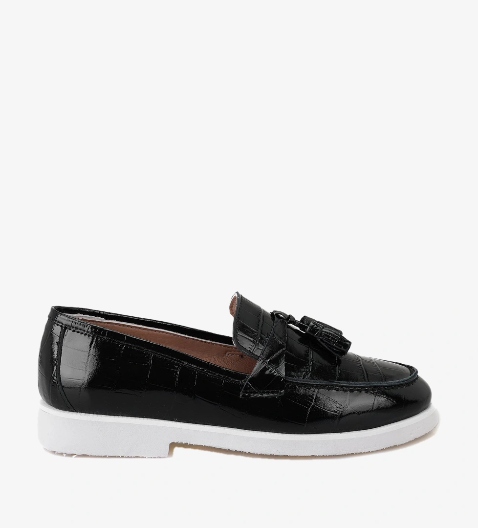 Kadın Siyah Kroko Baskılı Deri Loafer