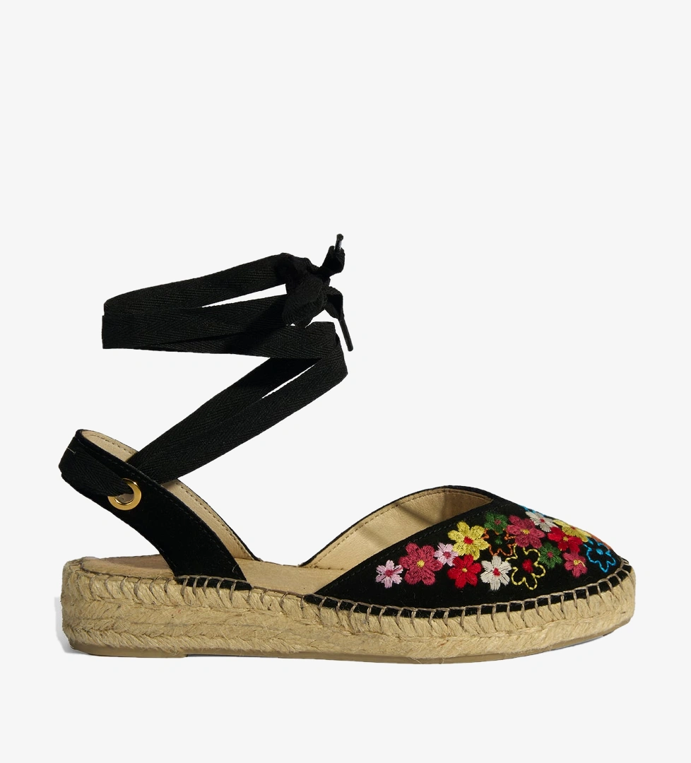Limited Edition Siyah Kadın Çiçek Nakışlı Jüt Bağcıklı Slingback Espadril