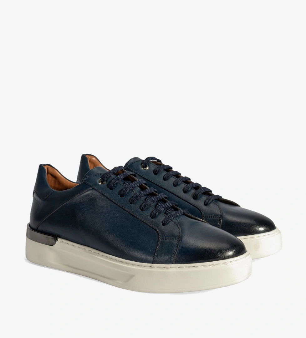 Erkek Lacivert Bağcıklı Deri Sneaker