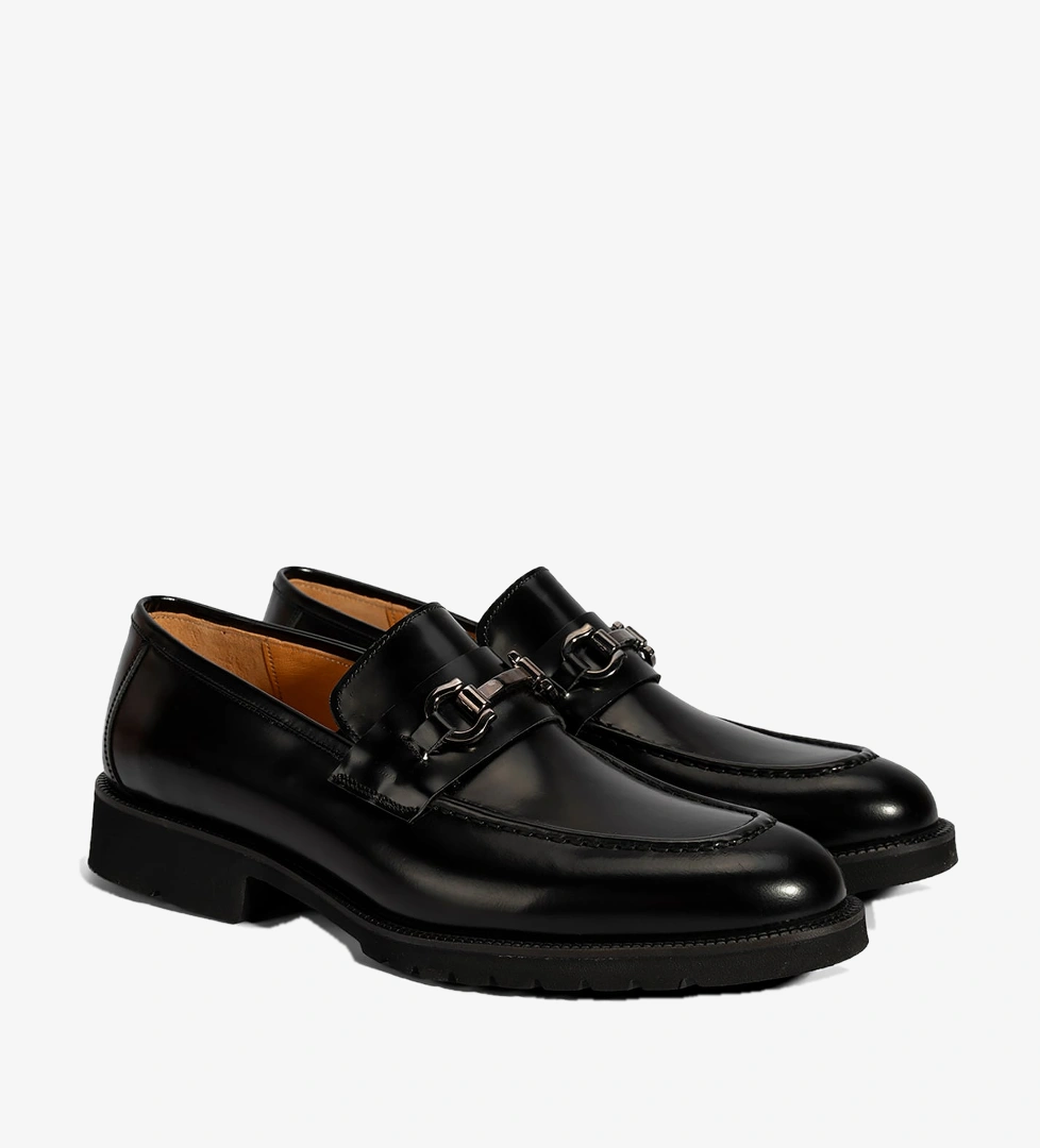 Erkek Siyah Metal Aksesuarlı Deri Loafer