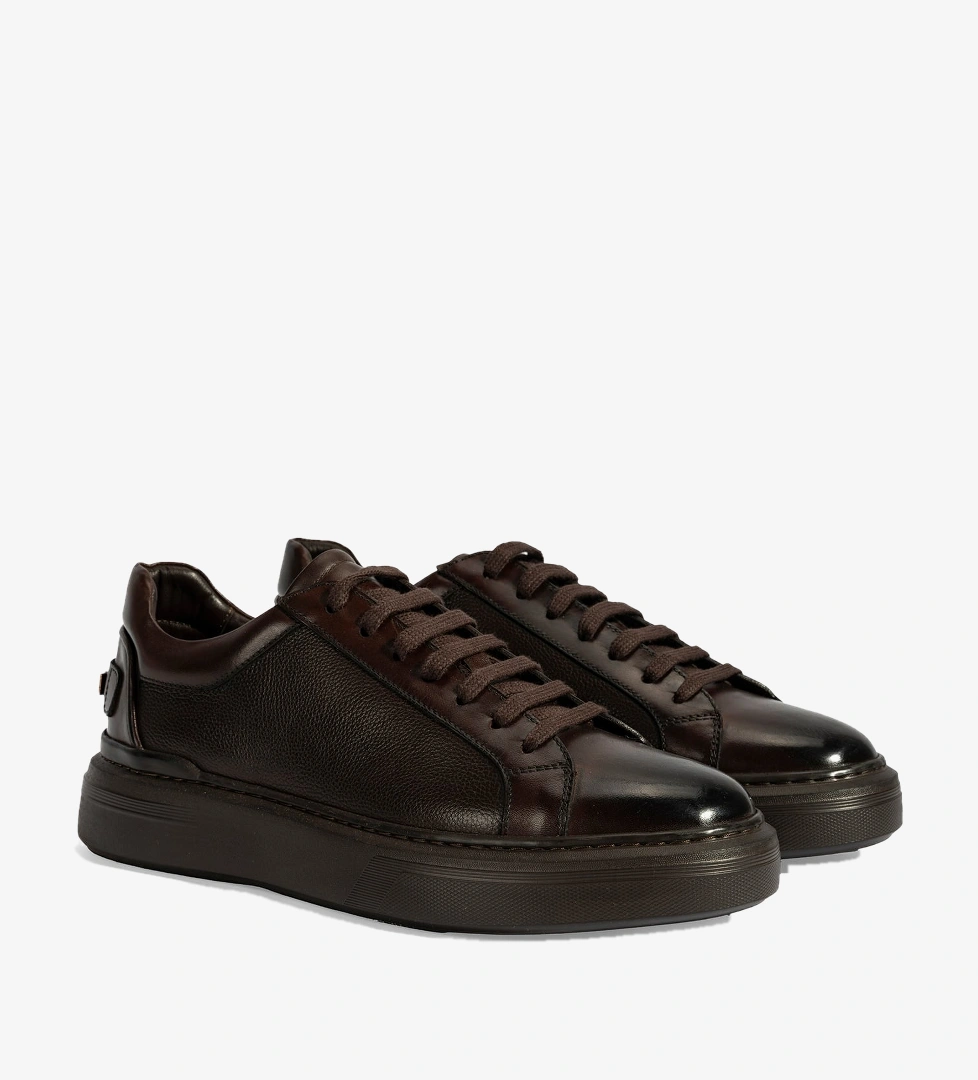 Erkek Kahve Bağcıklı Deri Sneaker