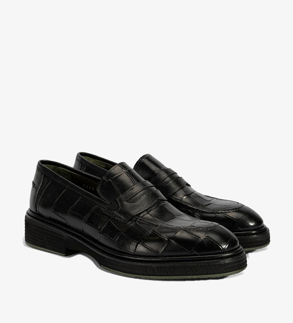 Erkek Siyah Kroko Baskılı Deri Loafer