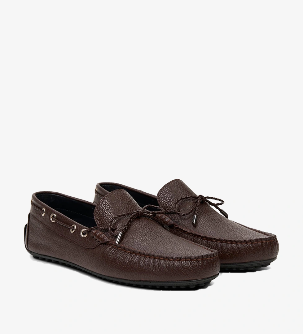 Erkek Kahve Zımba Detaylı İpli Deri Loafer