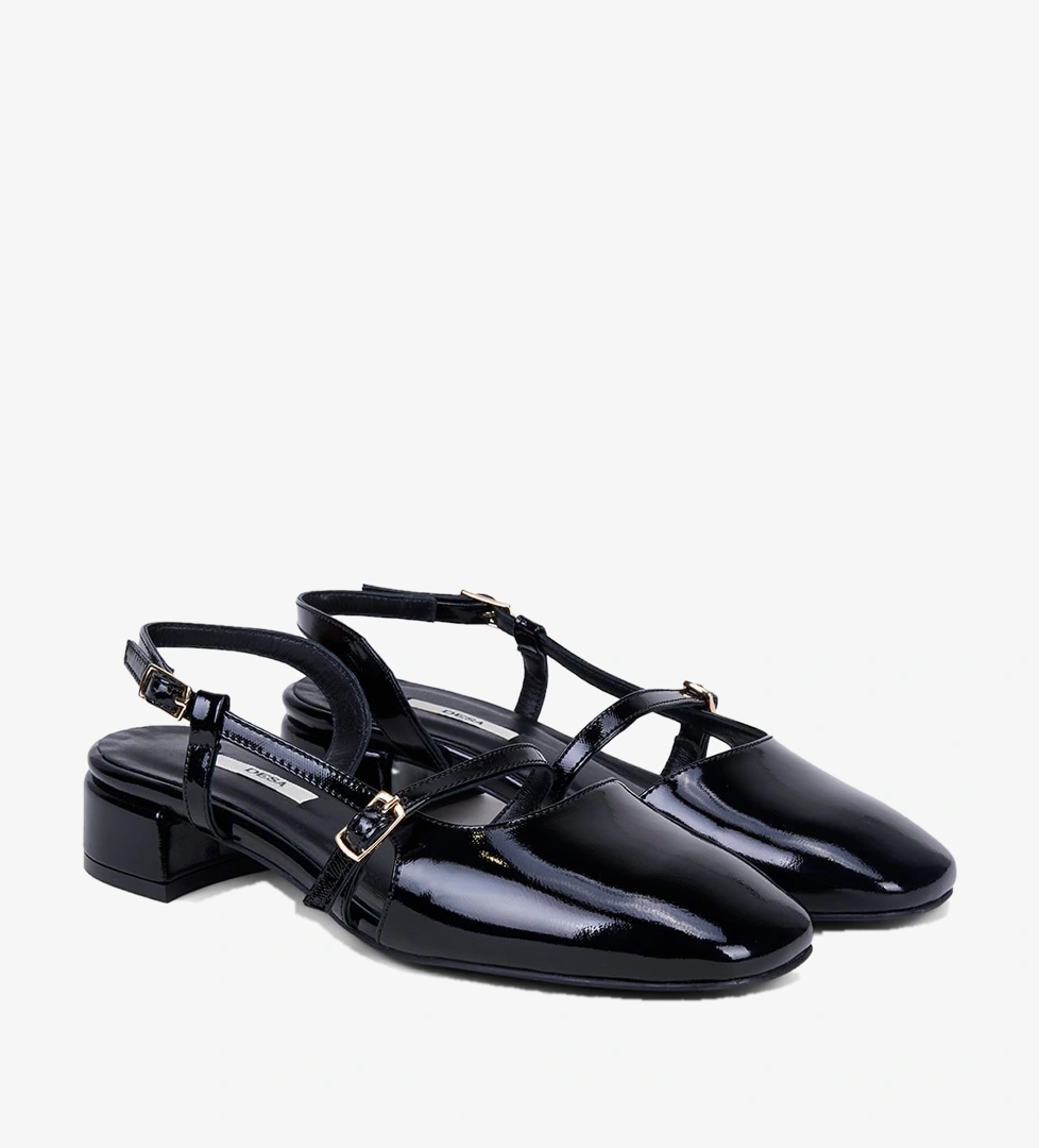 Kadın Siyah İnce Bantlı Slingback Kısa Topuklu Rugan Deri Ayakkabı