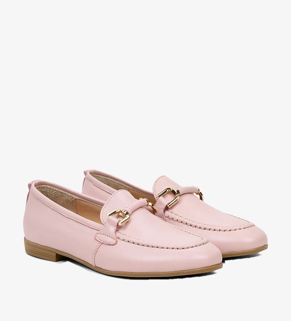 Kadın Pembe Metal Gold Toka Aksesuarlı Deri Loafer