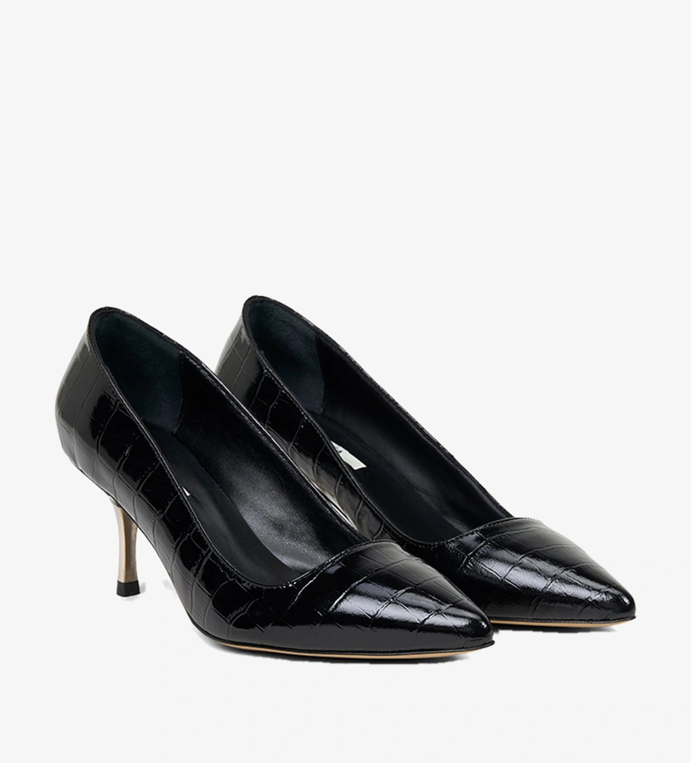 Kadın Siyah Kroko Baskılı Sivri Burunlu Deri Stiletto