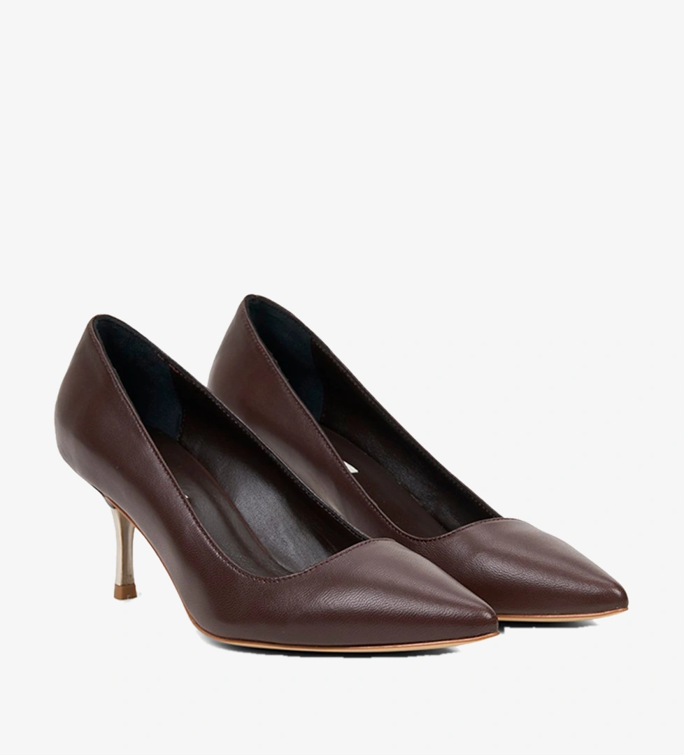 Kadın Kahve Sivri Burunlu Deri Stiletto