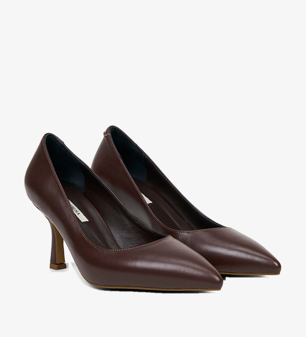 Kadın Kahve Sivri Burunlu Klasik Deri Stiletto