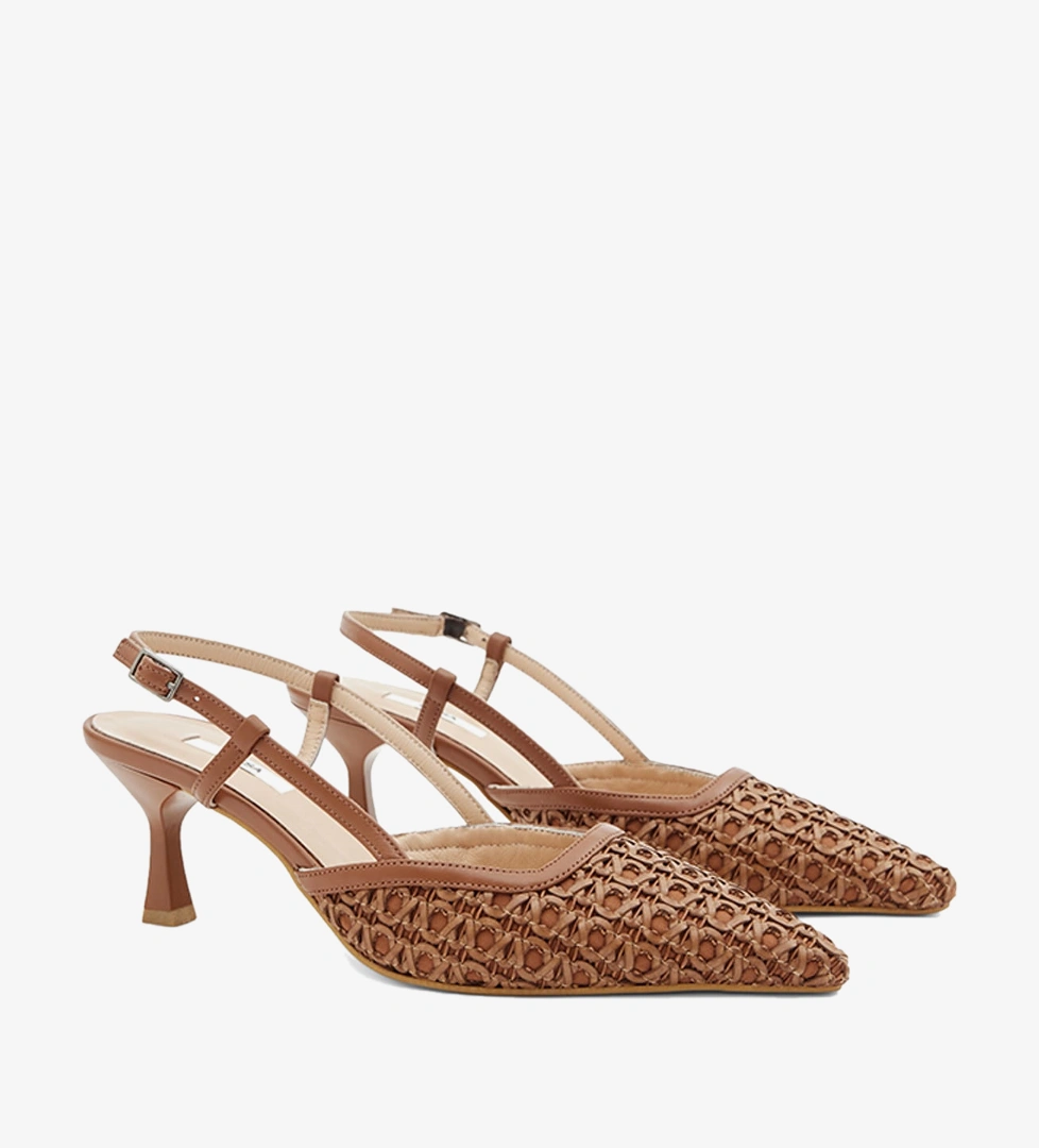 Kadın Taba Sivri Burunlu Slingback Deri Topuklu Ayakkabı