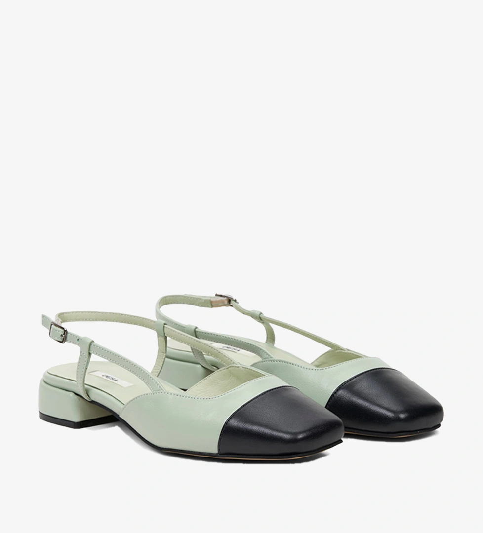 Kadın Yeşil Kare Burun Slingback Deri Günlük Ayakkabı