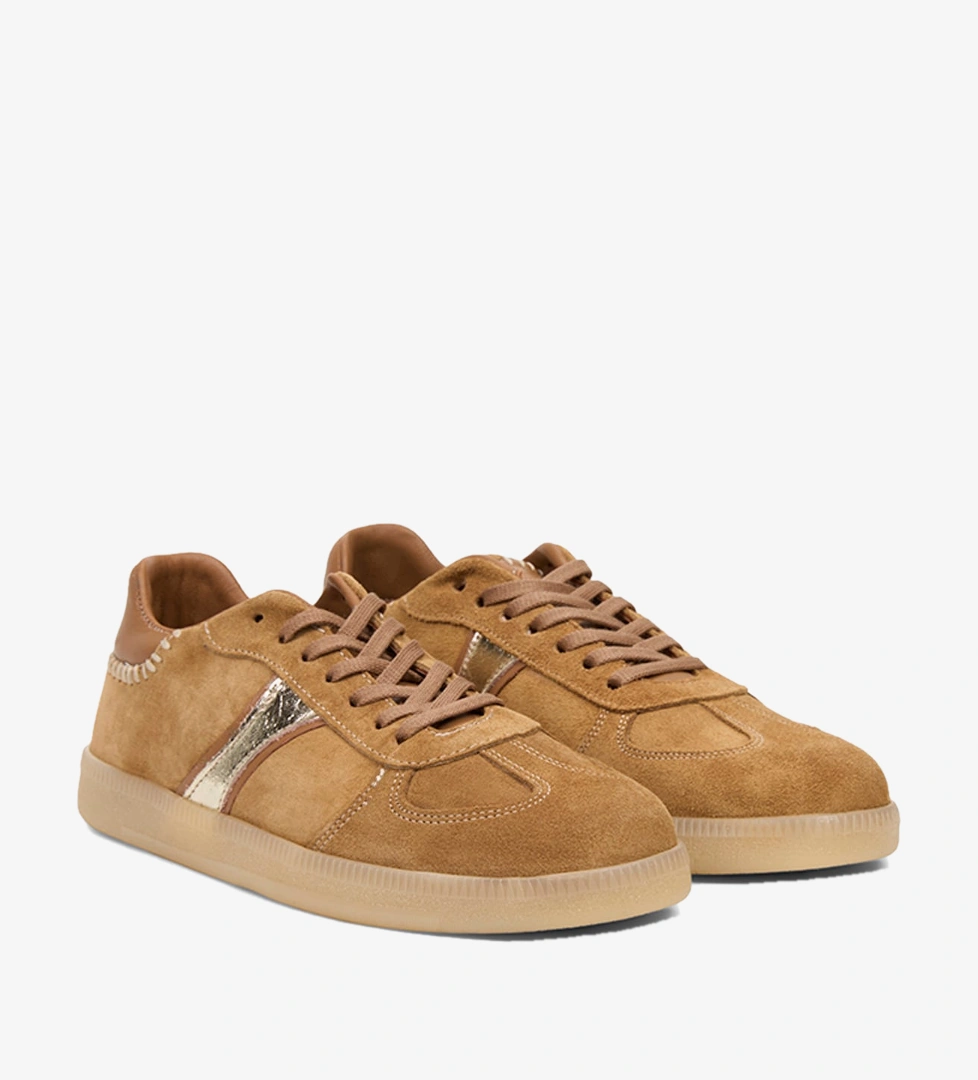 Kadın Camel Bağcıklı Metalik Şerit Detaylı Süet Sneaker